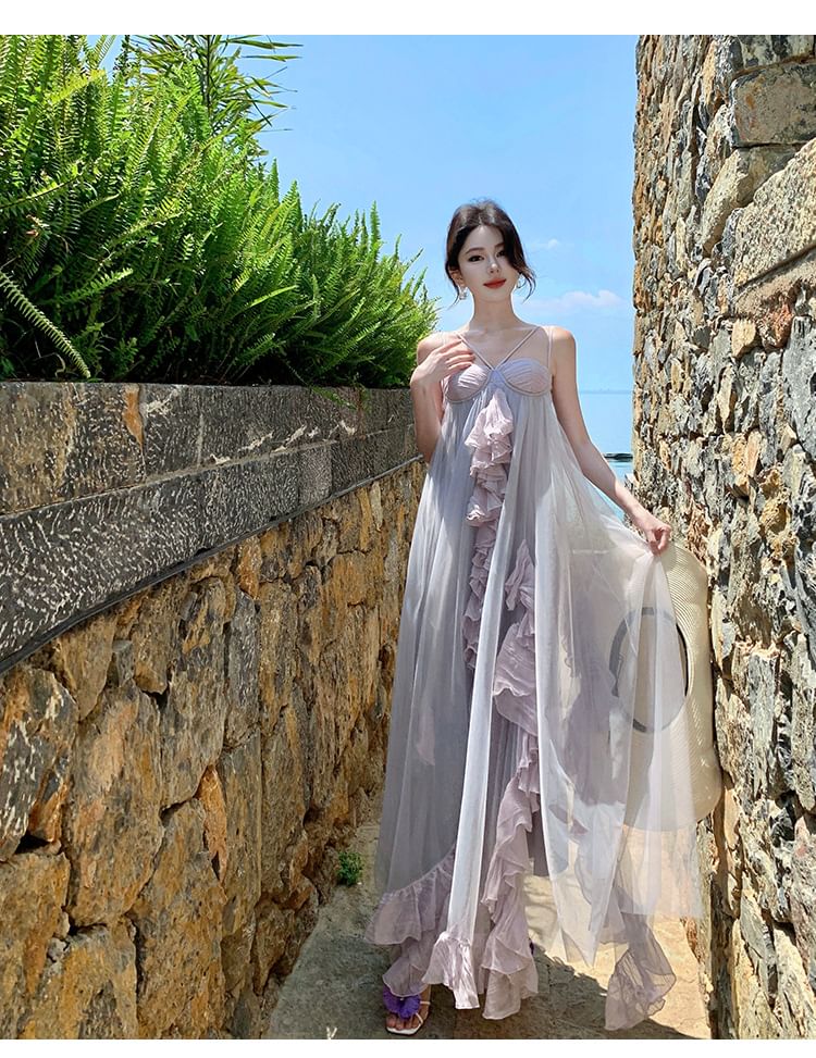 Spaghetti Strap Plain Ruffle Trim Slit Mesh Maxi A-Line Dress