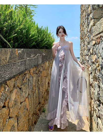 Spaghetti Strap Plain Ruffle Trim Slit Mesh Maxi A-Line Dress
