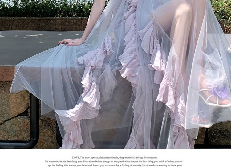 Spaghetti Strap Plain Ruffle Trim Slit Mesh Maxi A-Line Dress