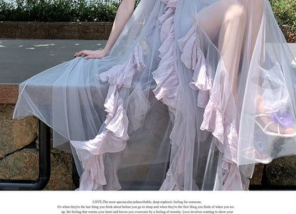 Spaghetti Strap Plain Ruffle Trim Slit Mesh Maxi A-Line Dress