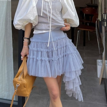 Asymmetric Flounce Mini Skirt with Mesh Insets