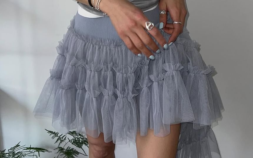 Asymmetric Flounce Mini Skirt with Mesh Insets