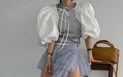 Asymmetric Flounce Mini Skirt with Mesh Insets