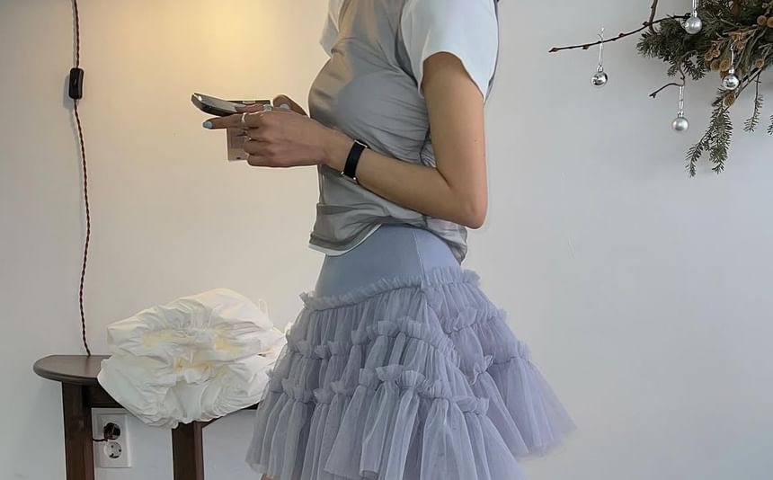 Asymmetric Flounce Mini Skirt with Mesh Insets