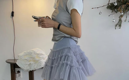 Asymmetric Flounce Mini Skirt with Mesh Insets