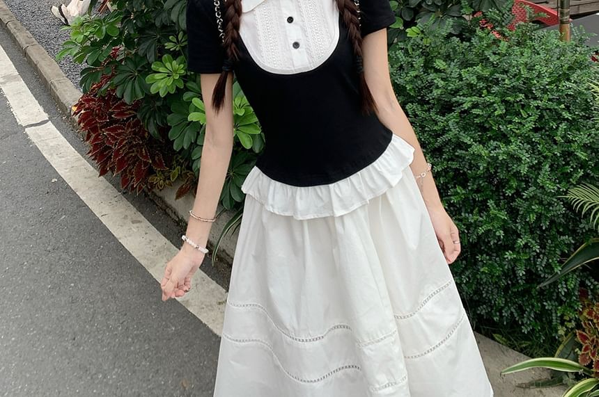 Two Tone Slim Tee with Elastic Waist Midi Flared Skirt
