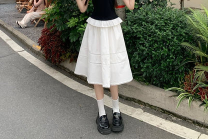 Two Tone Slim Tee with Elastic Waist Midi Flared Skirt