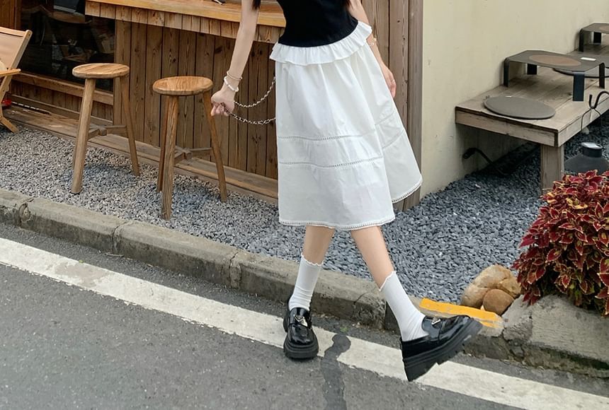 Two Tone Slim Tee with Elastic Waist Midi Flared Skirt