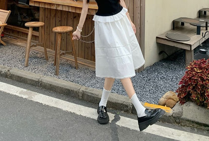 Two Tone Slim Tee with Elastic Waist Midi Flared Skirt