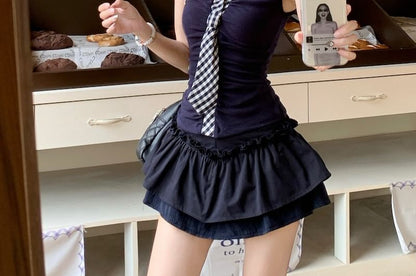 Collar Slim Tank with Tiered Mini Flared Skirt