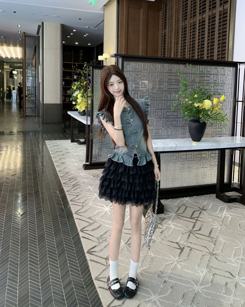 Cap Sleeve Denim Blouse with Tiered Lace Mini Skirt