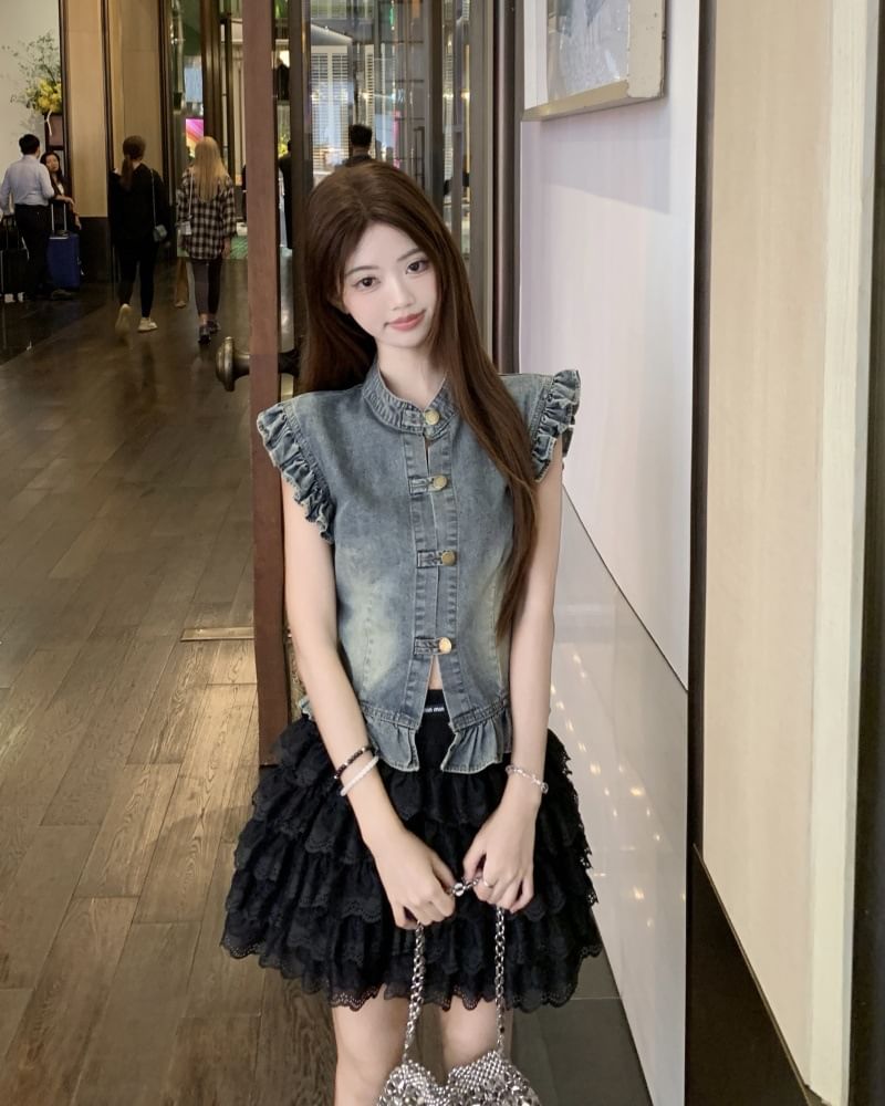 Cap Sleeve Denim Blouse with Tiered Lace Mini Skirt