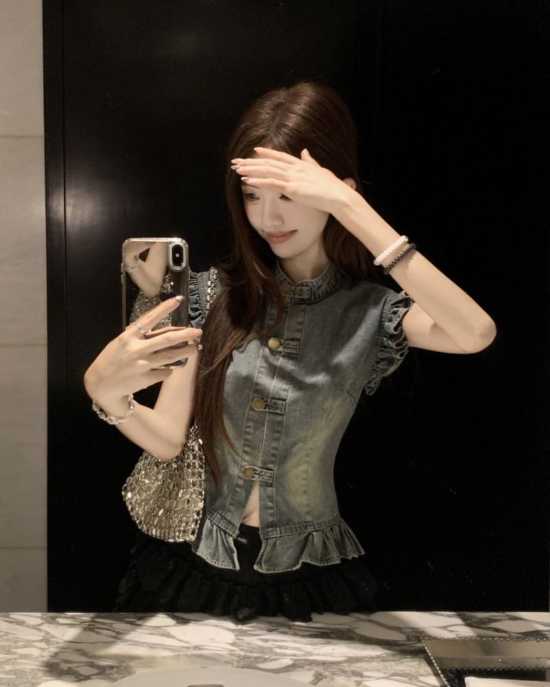 Cap Sleeve Denim Blouse with Tiered Lace Mini Skirt