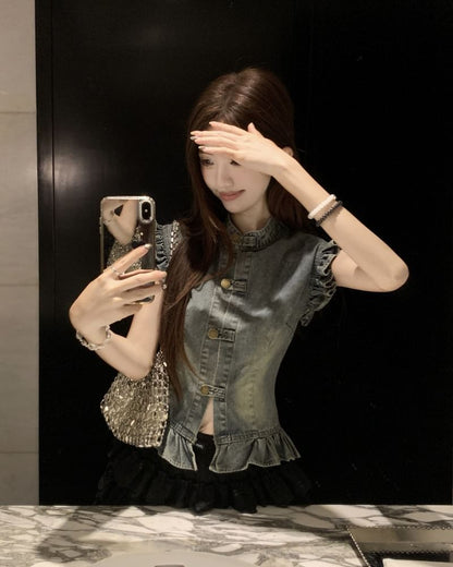 Cap Sleeve Denim Blouse with Tiered Lace Mini Skirt
