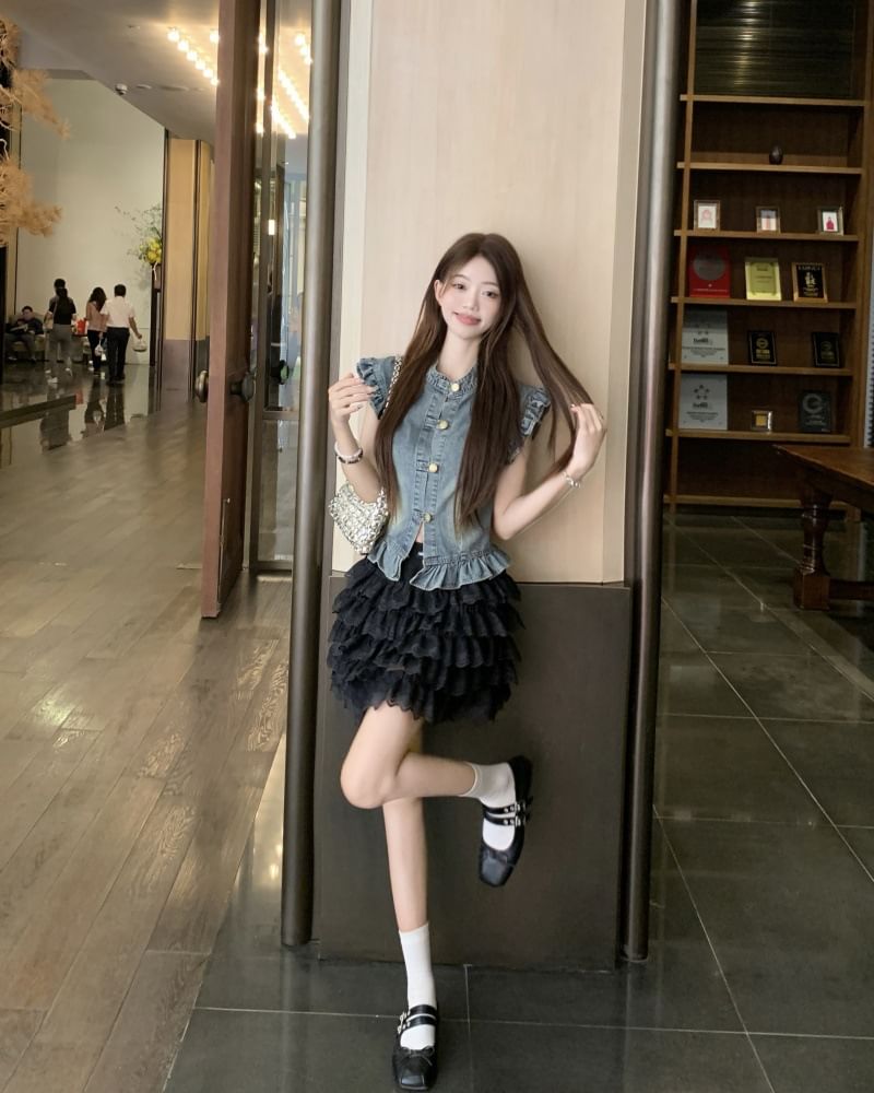 Cap Sleeve Denim Blouse with Tiered Lace Mini Skirt