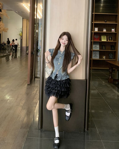 Cap Sleeve Denim Blouse with Tiered Lace Mini Skirt