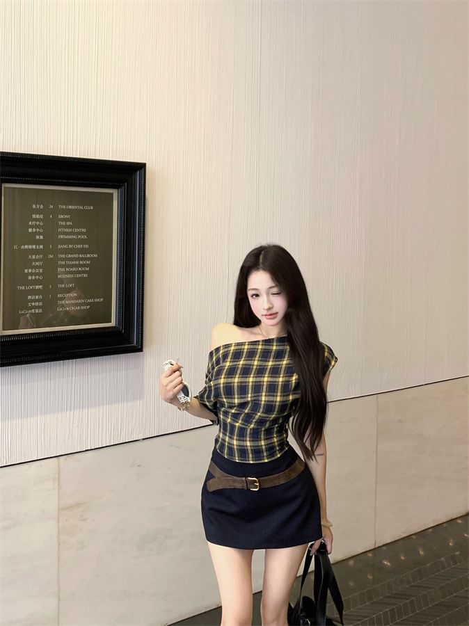 Off Shoulder Plaid Tee with Belted Pencil Mini Skirt