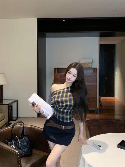 Off Shoulder Plaid Tee with Belted Pencil Mini Skirt
