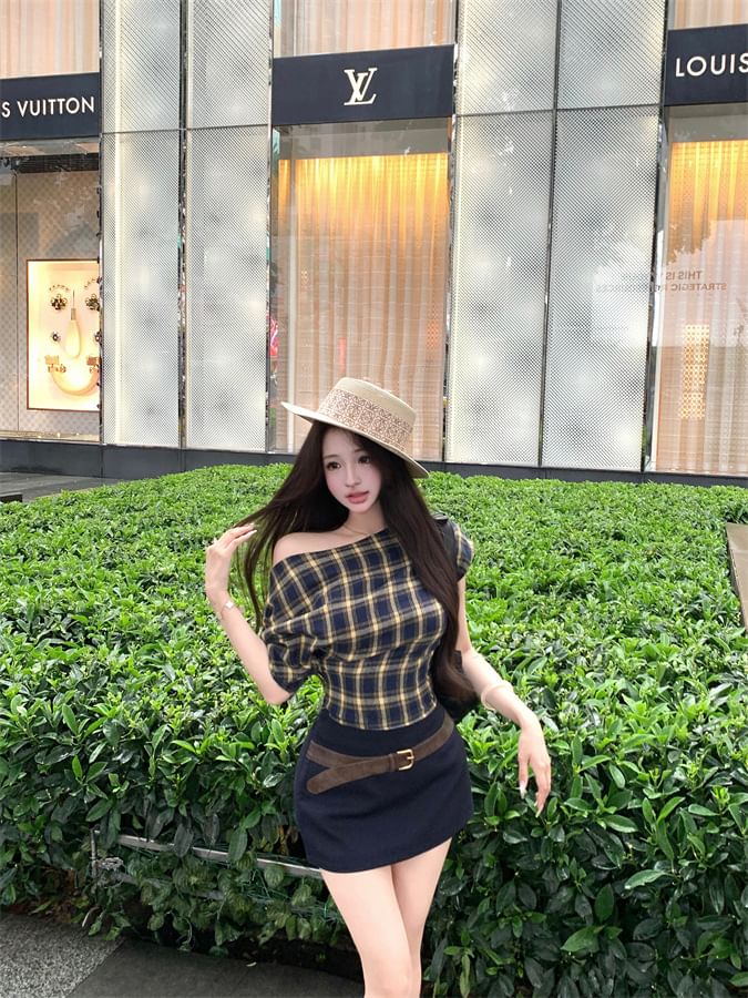 Off Shoulder Plaid Tee with Belted Pencil Mini Skirt