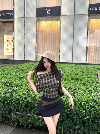 Off Shoulder Plaid Tee with Belted Pencil Mini Skirt