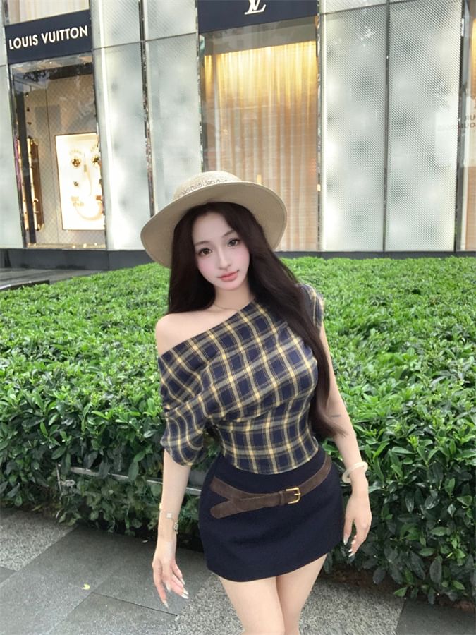 Off Shoulder Plaid Tee with Belted Pencil Mini Skirt