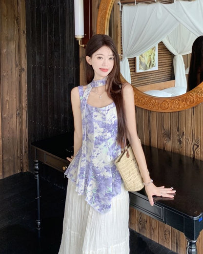 Tie Dye Denim Tank with Ruched Tiered Midi Skirt