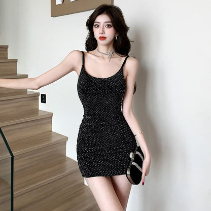 Spaghetti Strap Scoop Neck Glitter Ruched Open Back Mini Bodycon Dress