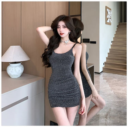 Spaghetti Strap Scoop Neck Glitter Ruched Open Back Mini Bodycon Dress