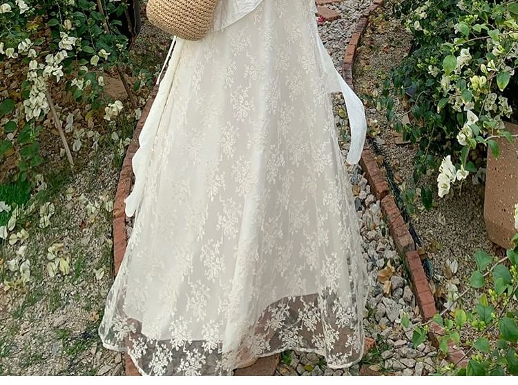 Spaghetti Strap V-Neck Lace Maxi A-Line Dress