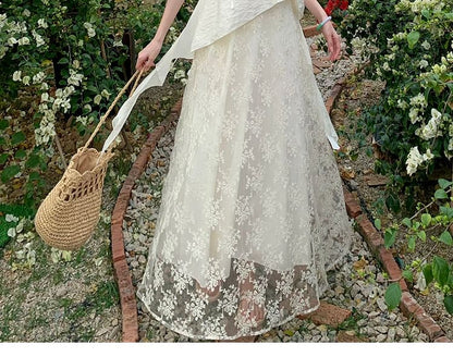 Spaghetti Strap V-Neck Lace Maxi A-Line Dress