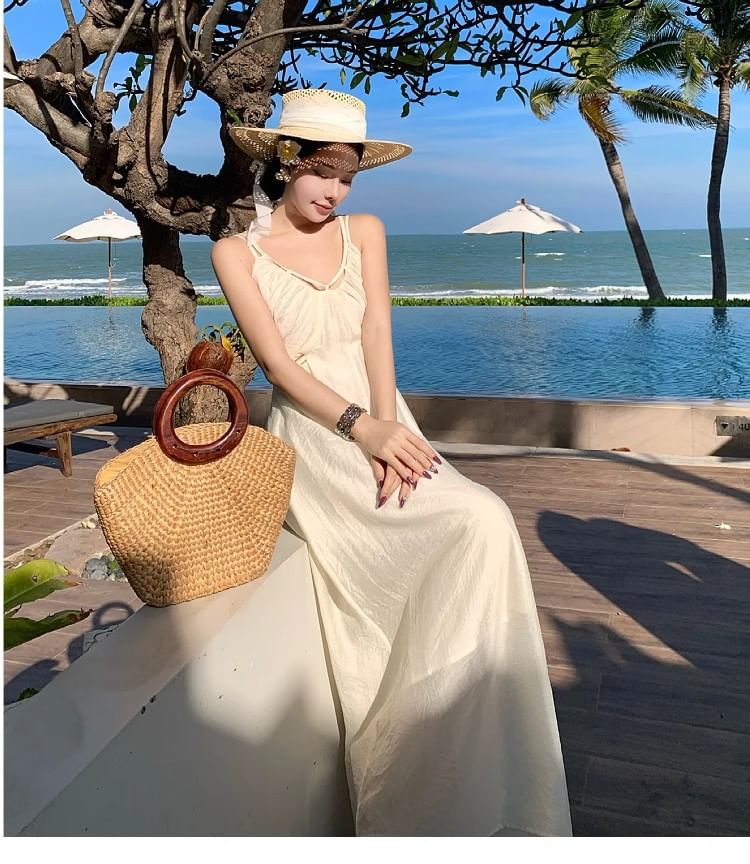 Spaghetti Strap V-Neck Plain Maxi Sheath Dress