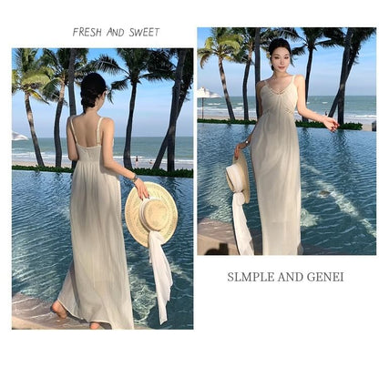 Spaghetti Strap V-Neck Plain Maxi Sheath Dress