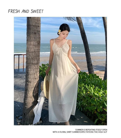 Spaghetti Strap V-Neck Plain Maxi Sheath Dress