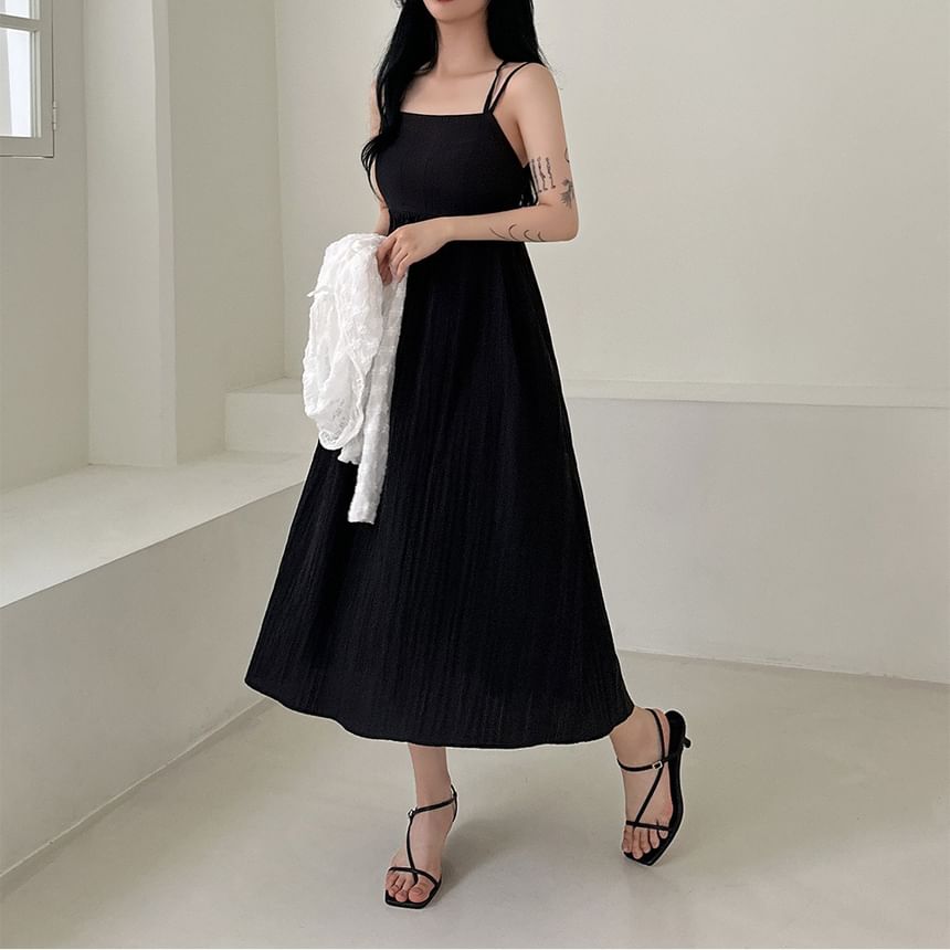 Spaghetti Strap Plain Open-Back Slim-Fit Midi A-Line Dress