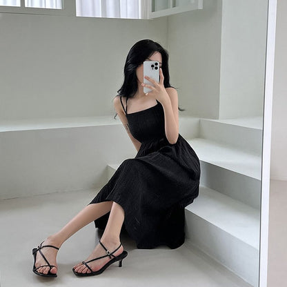 Spaghetti Strap Plain Open-Back Slim-Fit Midi A-Line Dress