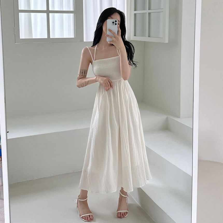 Spaghetti Strap Plain Open-Back Slim-Fit Midi A-Line Dress