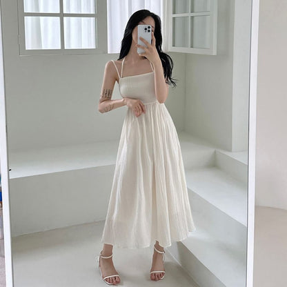 Spaghetti Strap Plain Open-Back Slim-Fit Midi A-Line Dress