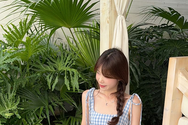 Spaghetti Strap Square Neck Gingham Mini A-Line Dress