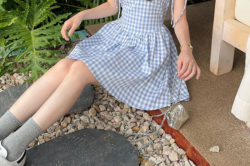 Spaghetti Strap Square Neck Gingham Mini A-Line Dress