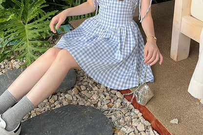Spaghetti Strap Square Neck Gingham Mini A-Line Dress