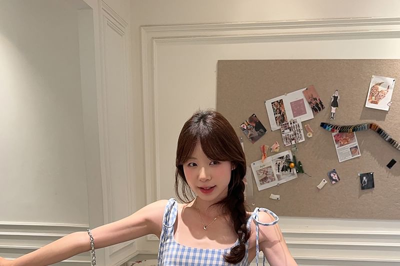 Spaghetti Strap Square Neck Gingham Mini A-Line Dress