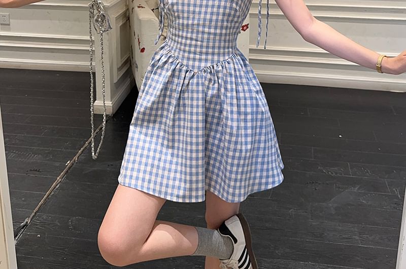 Spaghetti Strap Square Neck Gingham Mini A-Line Dress