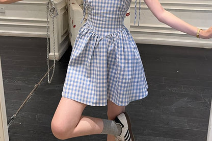 Spaghetti Strap Square Neck Gingham Mini A-Line Dress