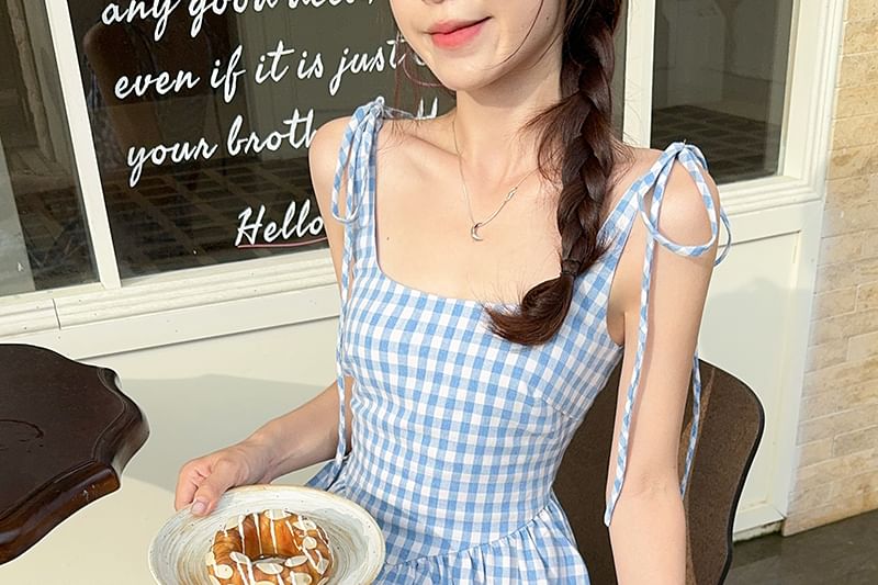 Spaghetti Strap Square Neck Gingham Mini A-Line Dress
