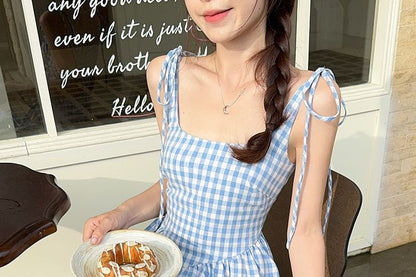 Spaghetti Strap Square Neck Gingham Mini A-Line Dress