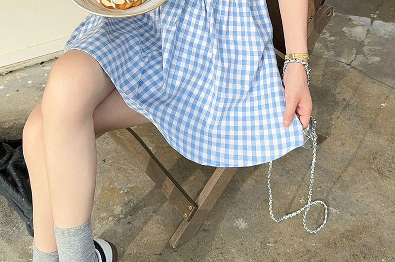 Spaghetti Strap Square Neck Gingham Mini A-Line Dress