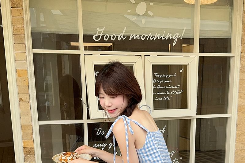 Spaghetti Strap Square Neck Gingham Mini A-Line Dress