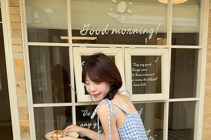 Spaghetti Strap Square Neck Gingham Mini A-Line Dress