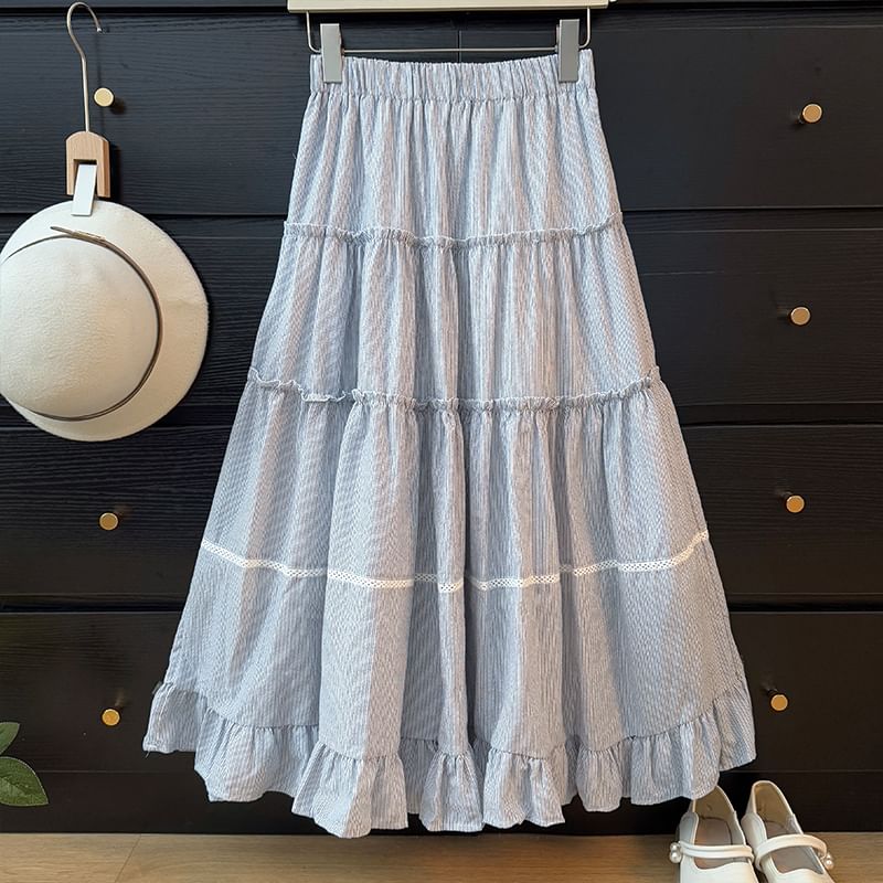 Striped Ruffled Maxi Flared Skirt