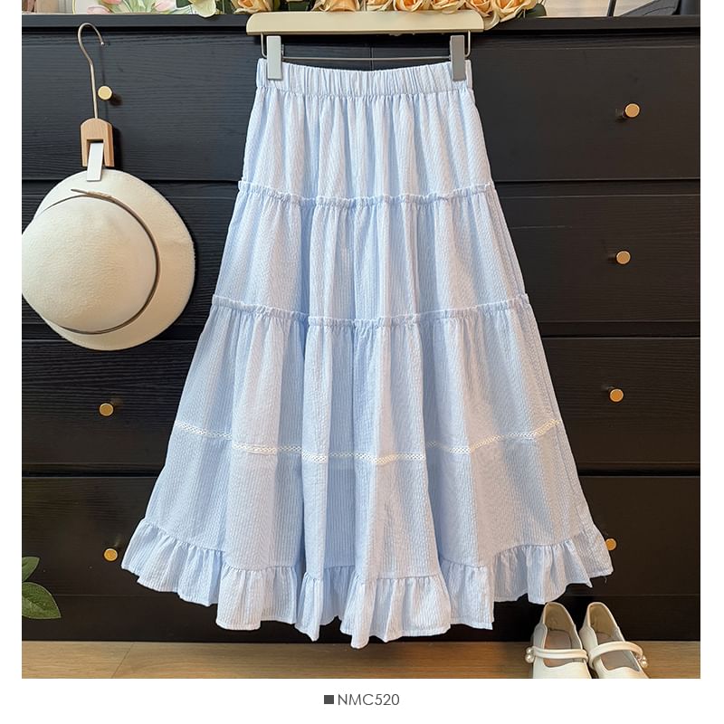Striped Ruffled Maxi Flared Skirt